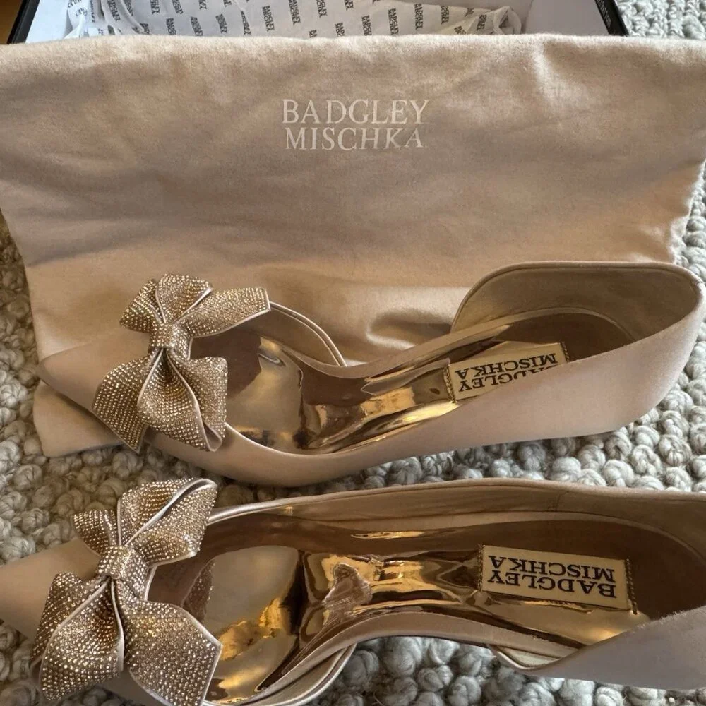 Badgley Mischka Meilani Blush Pink Satin Kitten Heel Crystal Bows